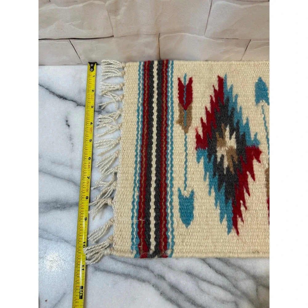 Southwestern Handwoven Wool Textile Small Rug Arrow Diamond Fringed Cream 10x13